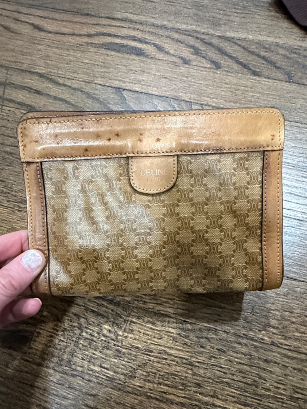 Celine Brown Logo Canvas Pouch with Leather Trim- Vintage